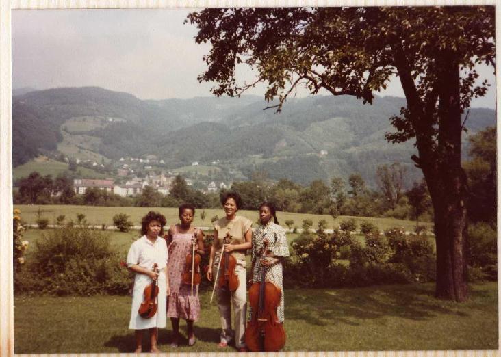Uptown String Quartet, first European tour (1983).  Pictured from left:  Cecilia Hobbs, Gayle Dixon, Maxine Roach, Akua Dixon